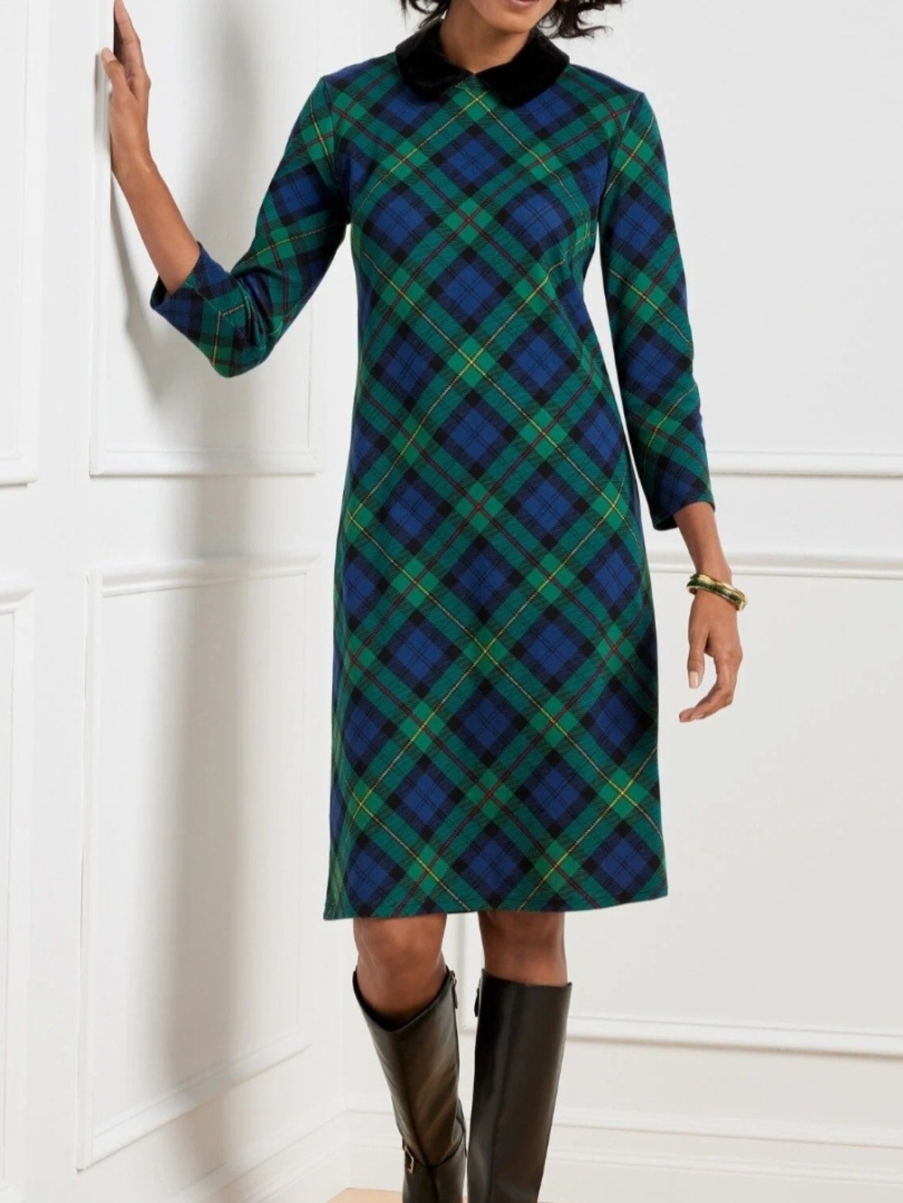 Talbots Black & Green Tartan Plaid A-Line Dress; Size M; Velvet Collar